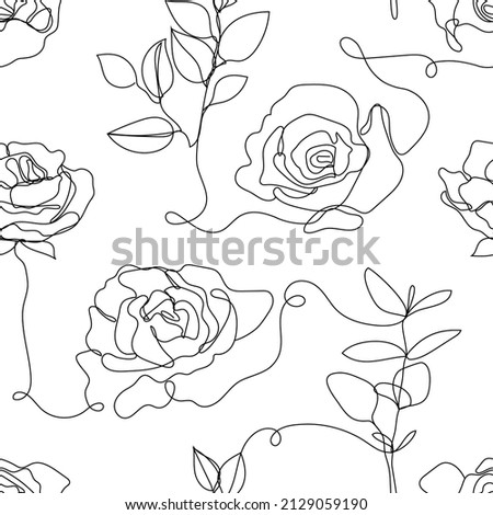 Vector flower linear seamless background, roses and leaves one, continuous line pattern, hand drawn style. Monoline doodle