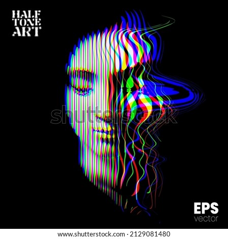 Halftone Art. Vector RGB color illustration from 3d rendering of side glitch distorted female face in vertical line halftone style isolated on black background.