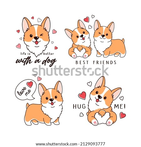 Vector cartoon set of cute Pembroke Welsh corgi dogs and hearts. Colorful illustrations isolated on white background Royalty-Free Stock Photo #2129093777