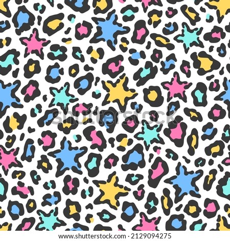 Vector fashion seamless pattern with leopard fur texture and stars. Colorful animal skin print on white background