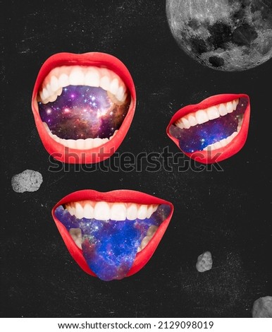 Smiling female mouth in outer space. Conceptual creative artwork. Ideas, inspirations, imagintaions. Surrealism. Concept of astronautics, dreams, astronomy, art, Day of Human Space Flight Royalty-Free Stock Photo #2129098019