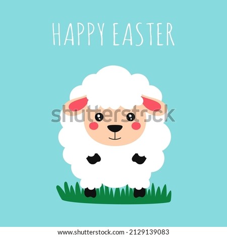 easter cute card with sheep isolated on blue background, vector illustration in flat style