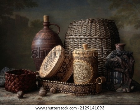 Still life with handicrafts on a wooden table