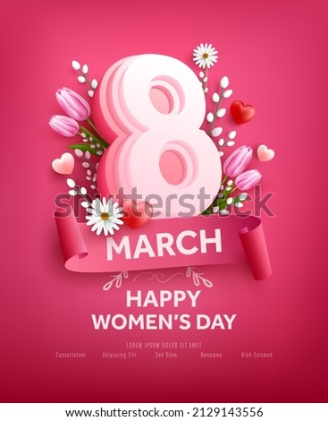 8 march women's day Poster or banner with flower and sweet hearts on pink background.Promotion and shopping template for Love and women's day concept Royalty-Free Stock Photo #2129143556