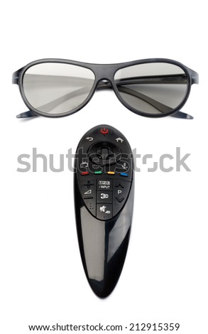 3d glasses and remote control TV. Isolate on white.