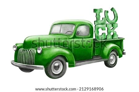 Watercolor St Patrick's Day Vintage Green Truck, Cute Gnome Lucky, clover clip art, Retro Trucks