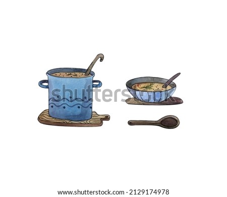 Soup in a saucepan with a plate, dinner, watercolor illustration cooking, isolated on a white background