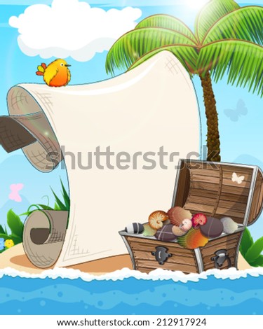 Tropical island with palm tree, tropical bird and treasure chest 
