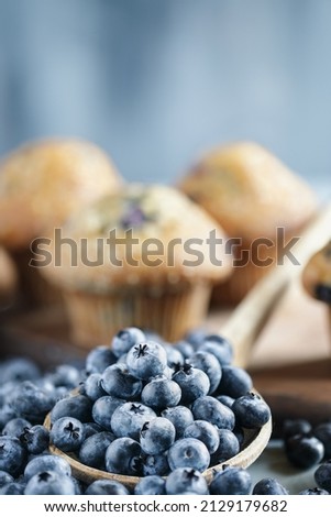 Rustic image of fresh blueberries spilling from a wooden spoon in front of homemade blueberry muffins. Selective focus with extreme blurred foreground and background.