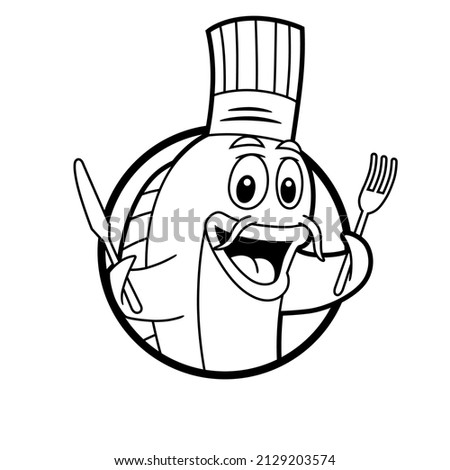 Cartoon style vector illustration, in black and white with border lines, of a smiling fish with a chef's hat, holding a knife and fork with its fins, to use like logo or graphic element.