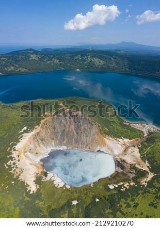 Big and Small Lakes inside of Caldera of the Golovnin Volcano on Kunashir Island. Russia.
