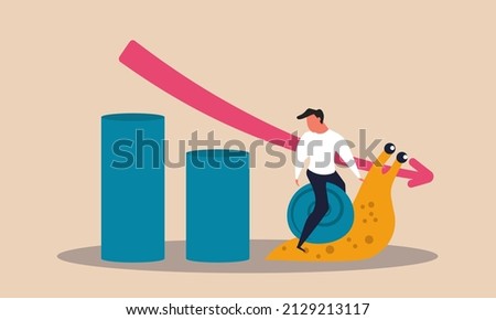 Gdp slow forecast and slump economy. Slowdown arrow and decline estimation statistic trend vector illustration concept. Currency downturn and government investment loss. Business budget downturn snail