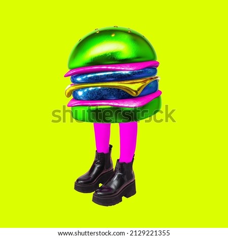 Contemporary digital collage art.  Burgers funny Character. Fast food lover concept