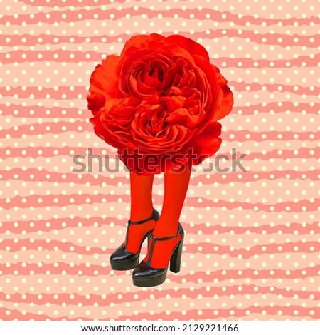 Contemporary digital collage art. Retro Lady Red Flowers. Women power, communities, feminism, postcard,  8 march concept.