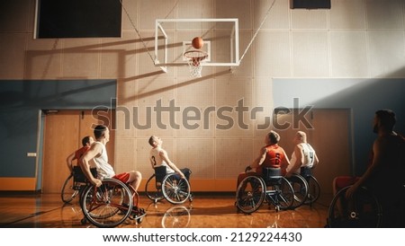 Wheelchair Basketball Court Game: Professional Players Competing Energetically, Dribbling Ball, Passing, Shooting it Successfully, Scoring a Perfect Goal. Determination of a People with Disability