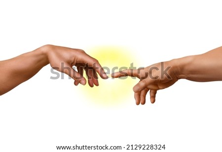 The creation of Adam, as a photographic imitation. Michelangelo's masterpiece.
The flash of light is to illustrate the moment of creation. Royalty-Free Stock Photo #2129228324