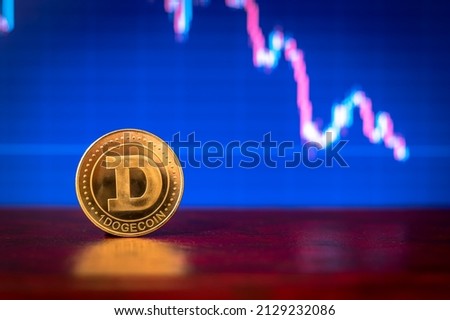 Dogecoin crypto currency with downtrending candle graph in the background