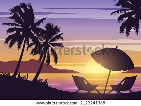 Silhouette art design of sea on sunset time and palm trees,vector illustration