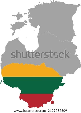 Map of Lithuania with national flag within the gray map of Baltic countries