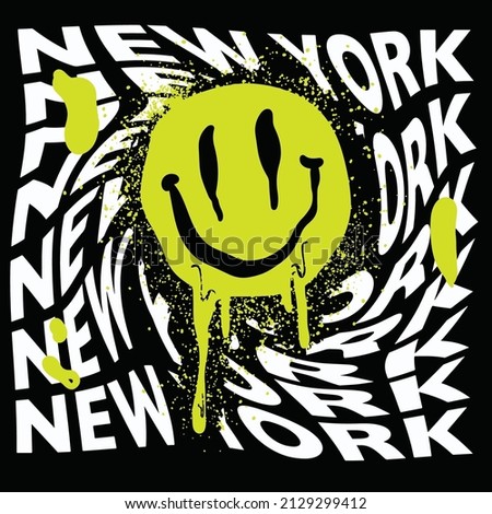 T-shirt Design print silk screen creepy smily yellow graffiti splash new york black background smile face Royalty-Free Stock Photo #2129299412