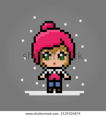 8 bit of pixel women's character. Anime cartoon girl wears a hat in vector illustrations for game assets or cross stitch patterns.