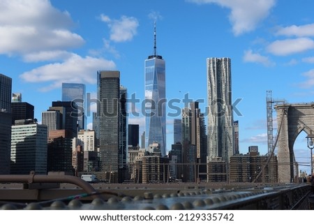 New York Wall Street city view from Brooklyn Bridge.
