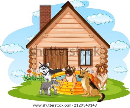 Many dogs playing outside the doghouse illustration