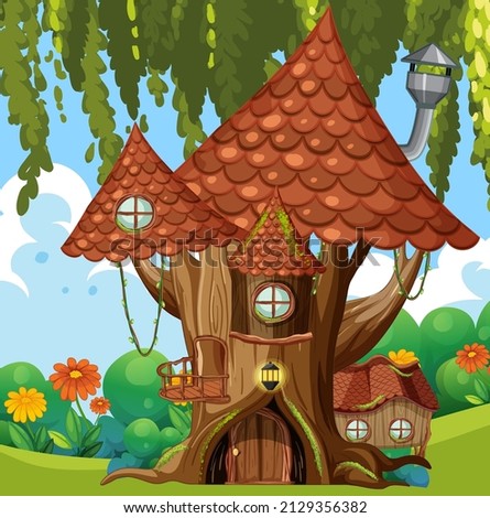 Fairy tree house in the forest scene illustration