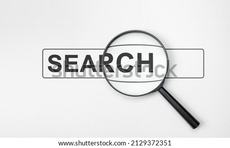 Magnifying glass with search bar on white background. Magnifier glass with search bar icon for SEO or Search Engine Optimisation wording concept. wide image