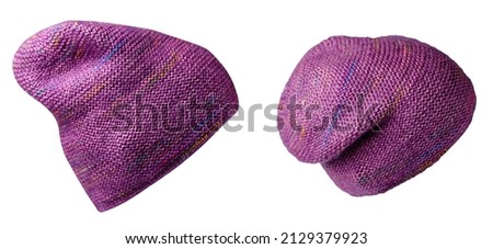 two women's purple hats . knitted hat isolated on white background.