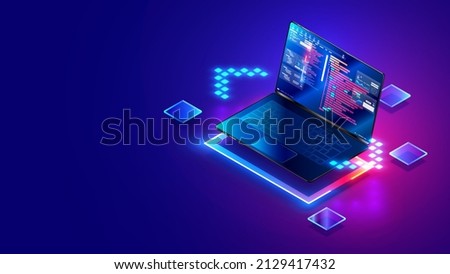 Software development. Programming, coding and software testing on laptop. Laptop hanging over table with program code on the screen. Digital Computer technology isometric background concept. Royalty-Free Stock Photo #2129417432