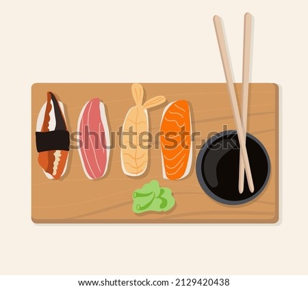 Set of traditional Japanese dishes of rolls and sushi with seafood. On a wooden tray. Cartoon vector illustration hand drawing.