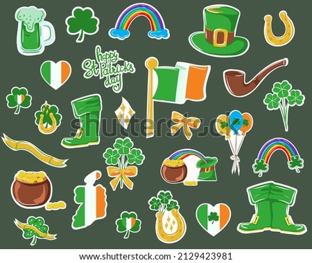 Set of vector icons and stickers for St. Patrick's Day. Symbols of the holiday three leaf clover, coin pot, rainbow, horseshoe, pipe, green boots and others.