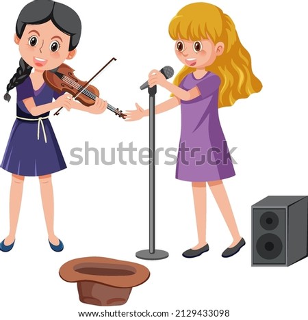 Girl buskers perform at the street illustration