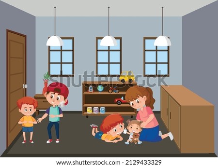 Living room scene with family members in cartoon style illustration