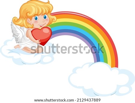 Angel girl sitting on a cloud with rainbow  illustration