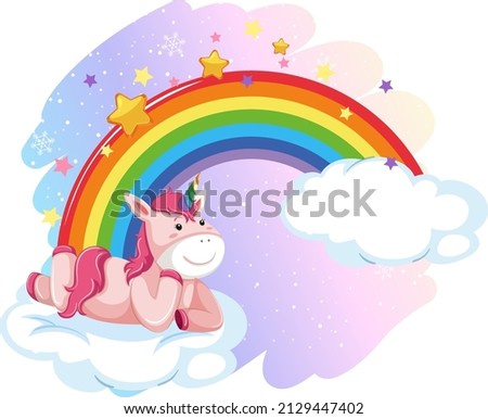 Pink unicorn lying on a cloud with rainbow in cartoon style illustration