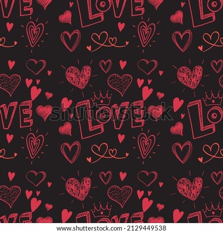 Seamless doodle heart and love word pattern  illustration
