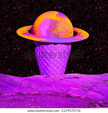 Contemporary minimal collage art. Mix of photos and texture. Creative Cosmic Saturn Ice cream Royalty-Free Stock Photo #2129470736