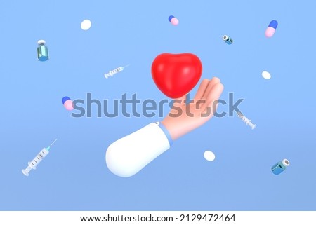 3D. Medical man's hand cartoon holding red heart. Business or medical clip art isolated 
