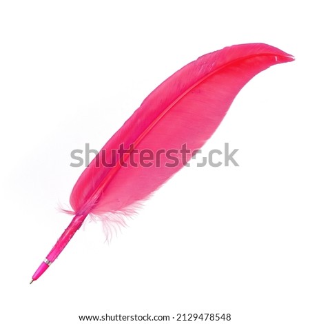 Pink ball pen with a feather isolated on white background