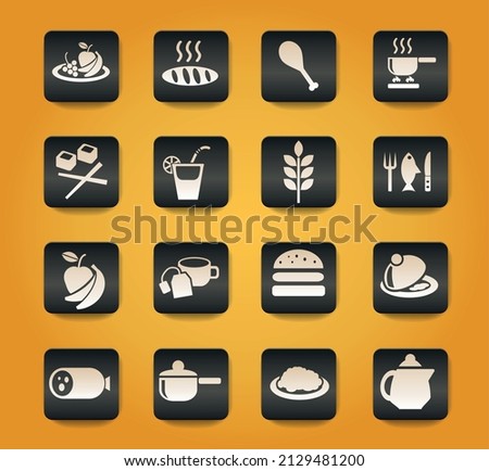 food and kitchen symbols on black buttons on yellow background