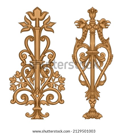 Classical luxury old fashioned royal baroque, historical ornament with lilies, victorian floral Clip art, set of elements for design Vector illustration.