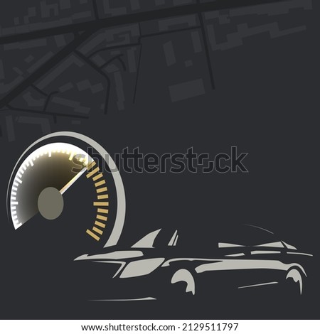 Vector illustration with car speedometer, car and city map. Transfer and taxi concept. Stylish flyer or web banner.