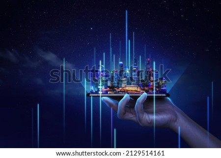 Modern cityscape and communication network concept. (Internet of Things). ICT (Information communication Technology). 5G. Smart city. Digital transformation. Singapore Royalty-Free Stock Photo #2129514161