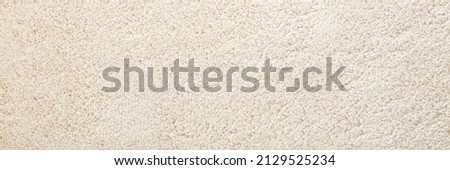 Beige new fluffy home carpet background. Closeup. Wide banner. Empty place for text. 