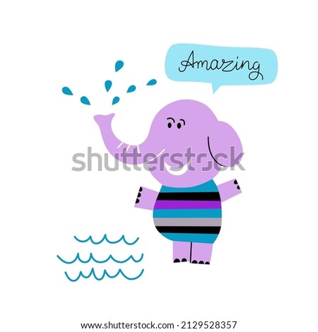 Cute baby elephant playing with water. Single isolated decor element. Vector EPS clip art design.