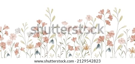 Floral summer horizontal pattern with wildflowers. Watercolor hand drawn isolated illustration border, meadow or floral background for your design.