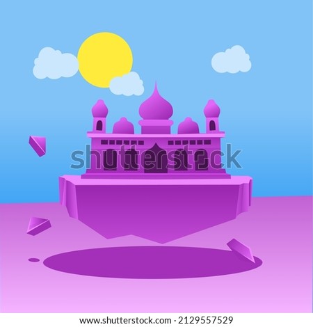 Background  ramadan 3d design with mosque background above ground flying with clouds and sun