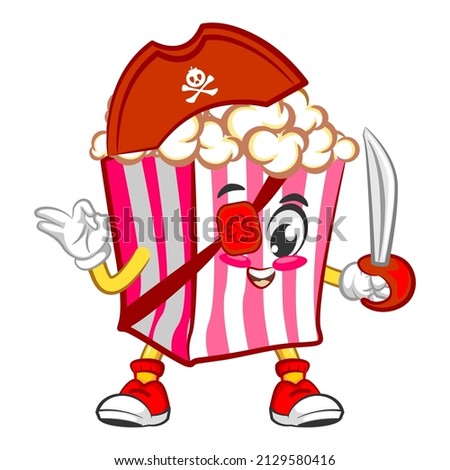 Mascot logo vector, cartoon and cute popcorn illustration being a one eyed pirate with a dagger Royalty-Free Stock Photo #2129580416